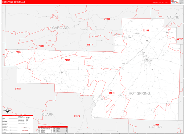 Hot Spring County, AR Wall Map Red Line Style